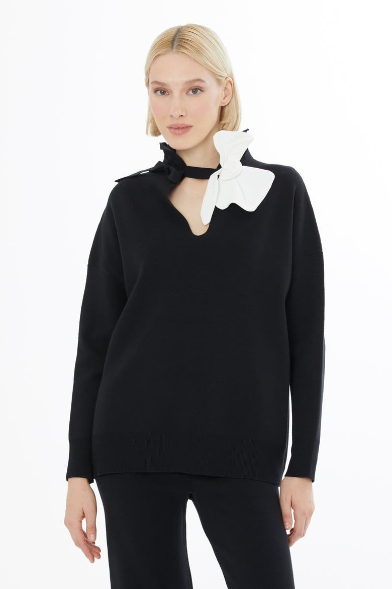 Floral Detail Long Sleeve Soft Knit Blouse, Alternate, color, Black