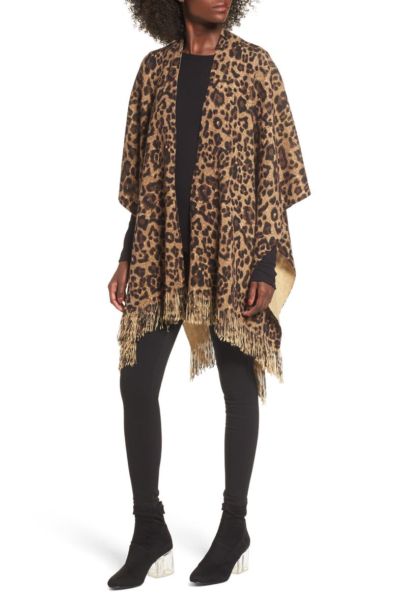 Leopard Print Fringe Wrap, Main, color, BROWN COMBO