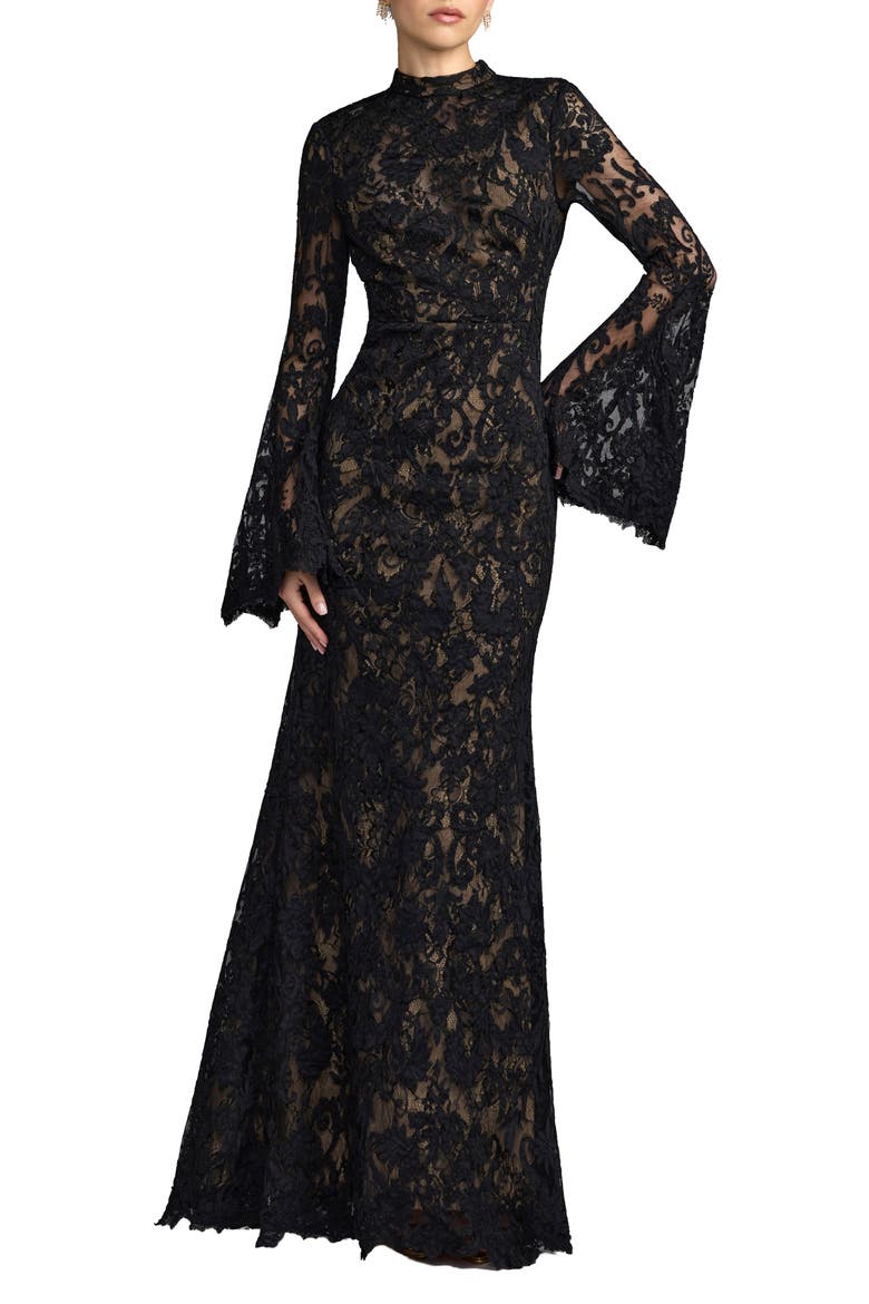 Mock Neck Long Sleeve Lace Gown, Main, color, Black Nude