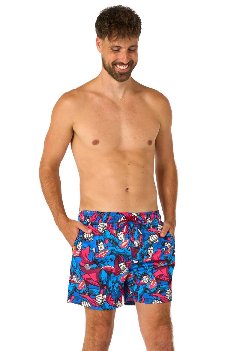 The Man of Steel Stretch Swim Trunks, Alternate, color, BLUE MULTI