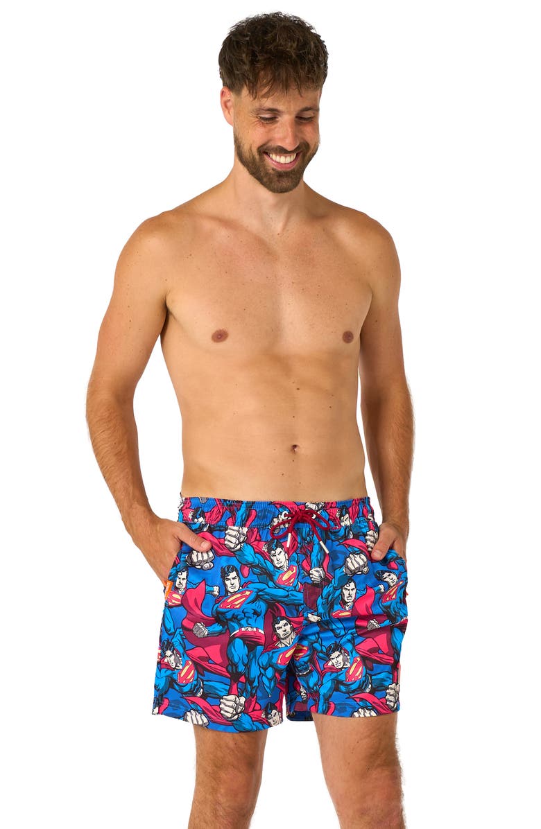 OppoSuits The Man of Steel Stretch Swim Trunks, Alternate, color, Blue Multi