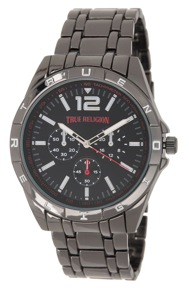 True Religion Round Logo Bezel Bracelet Watch, 43.2mm, Main, color, Black