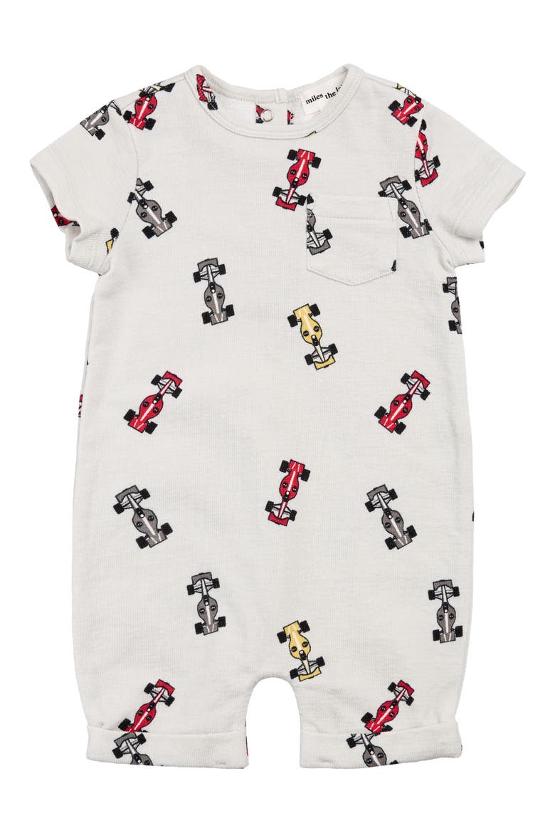 Race Cars Cotton Rib Romper, Main, color, LIGHT GREY