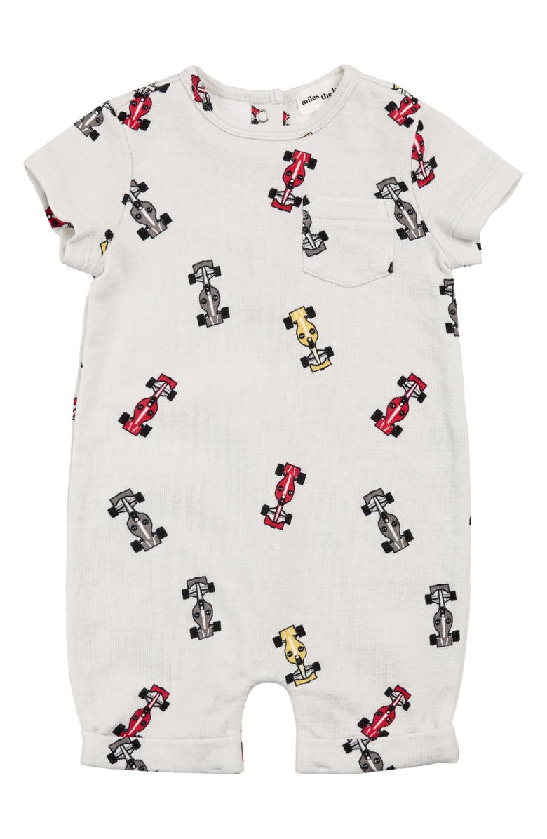 miles Race Cars Cotton Rib Romper, Main, color, 