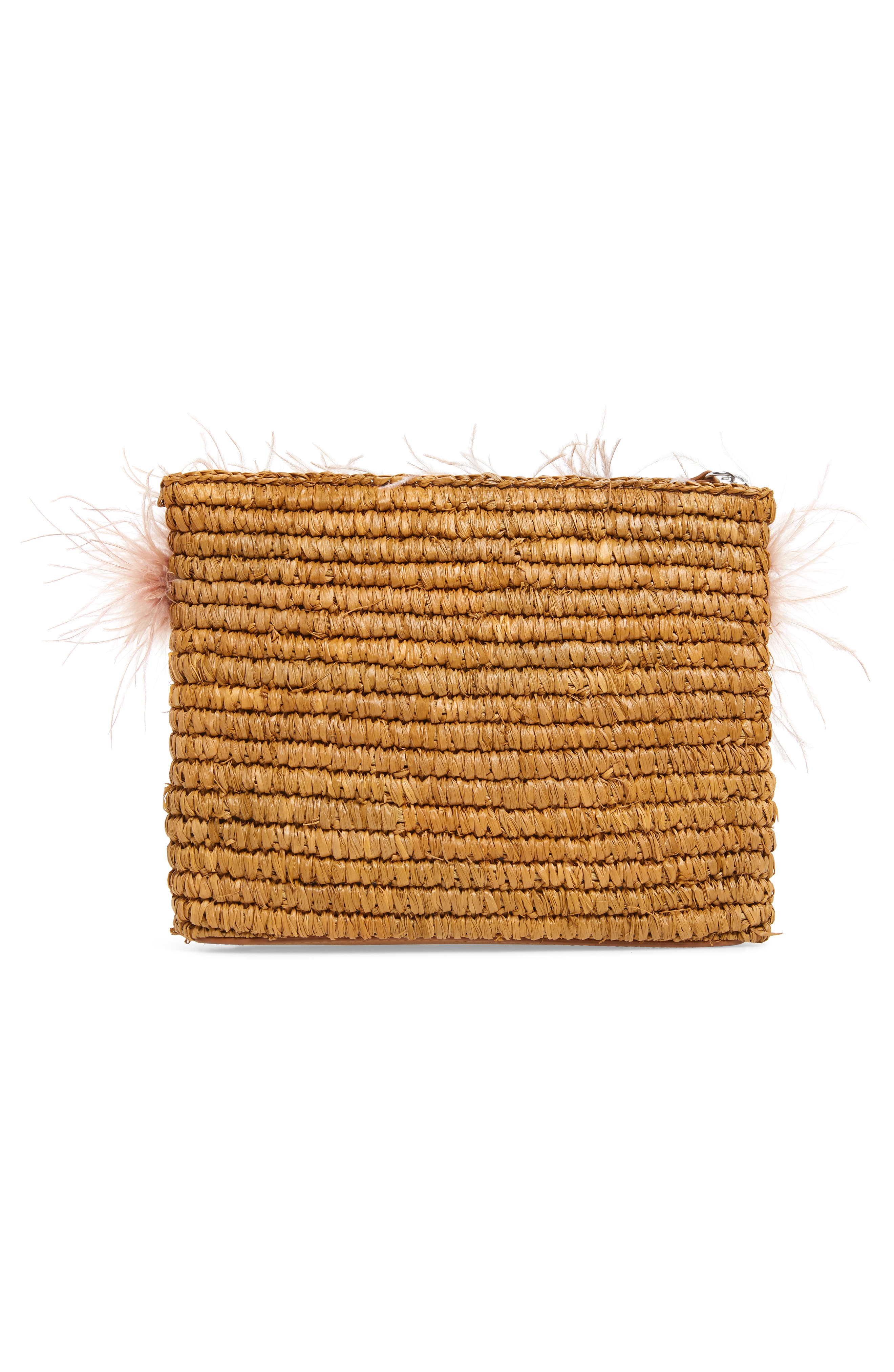 Feather Trim Straw Clutch, Alternate, color, MIEL/ BUFF PINK
