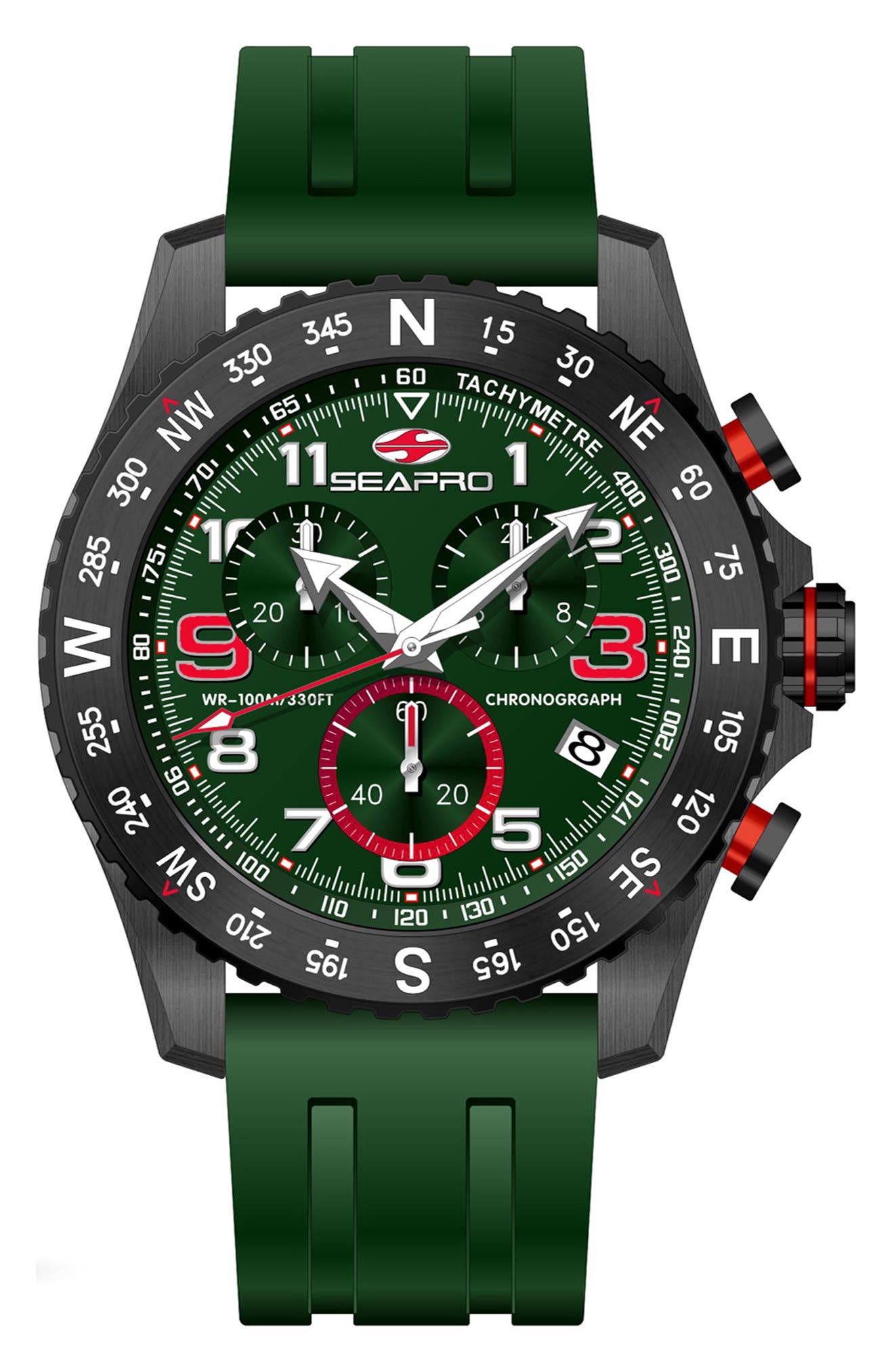 Tachymeter Chronograph Rubber Strap Watch, 48mm
