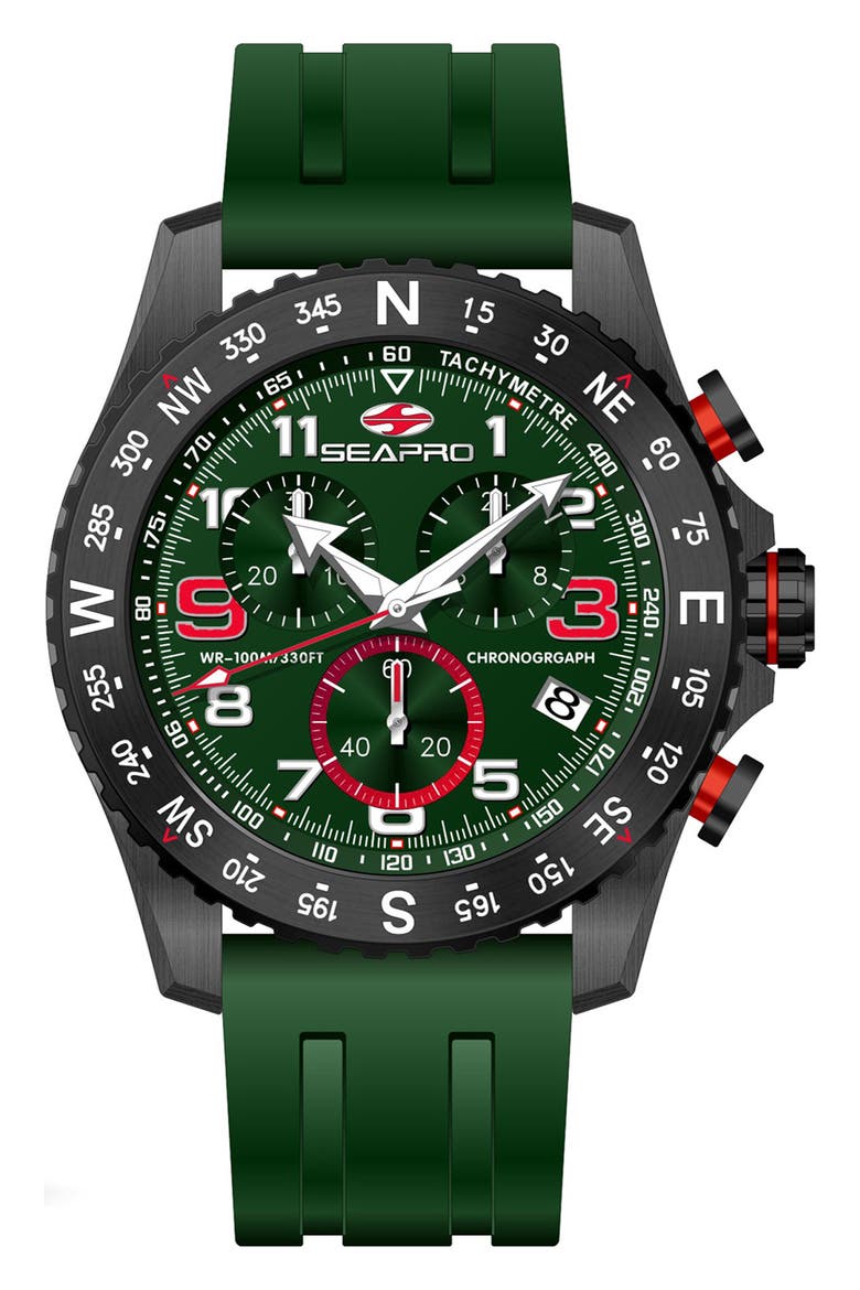 Tachymeter Chronograph Rubber Strap Watch, 48mm, Main, color, GREEN