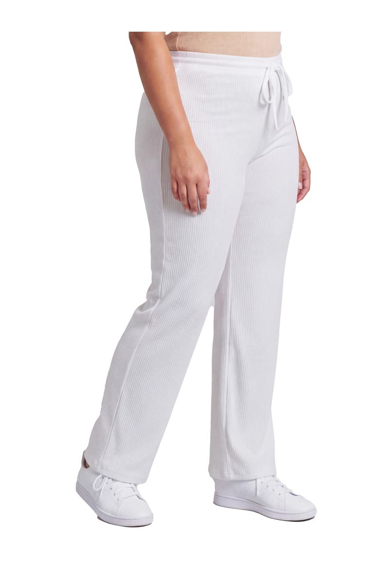 Curvy Basic Ribbed Knit Drawstring Straight Leg Lounge Pants, Alternate, color, White