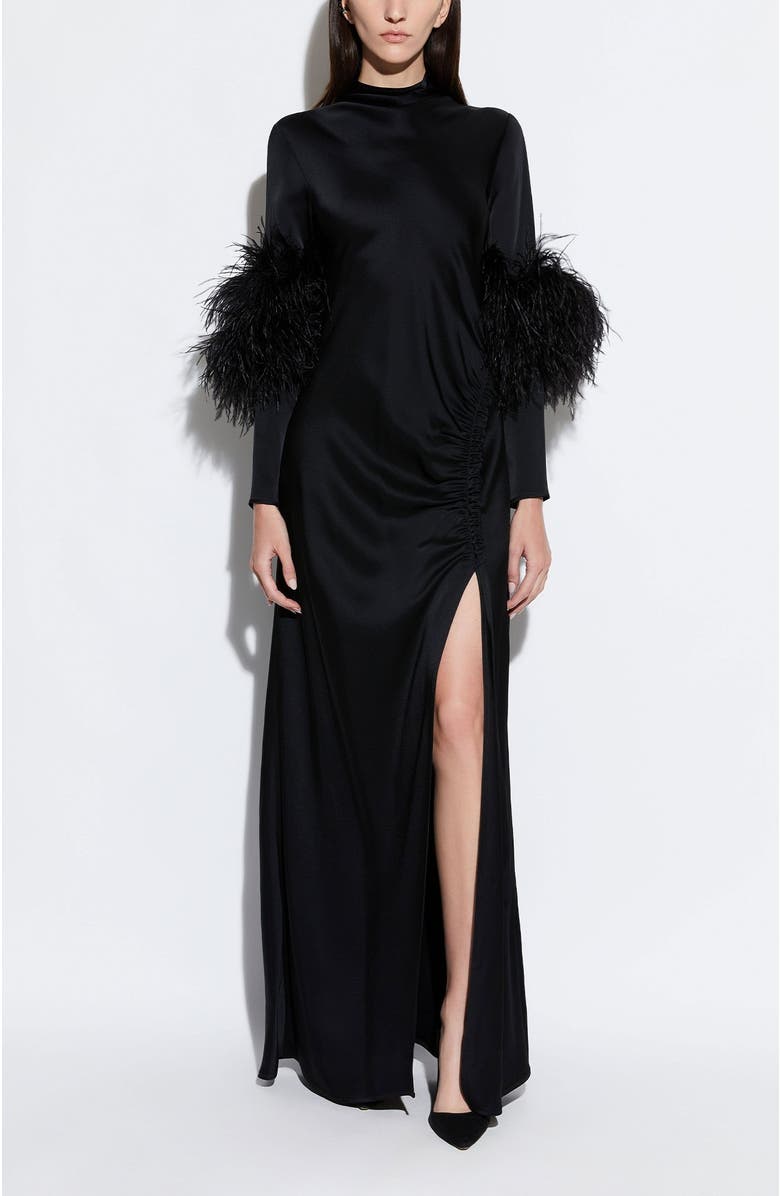 LAPOINTE Satin Tab Gown With Feathers, Main, color, Black