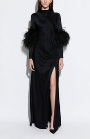 LAPOINTE Satin Tab Gown With Feathers