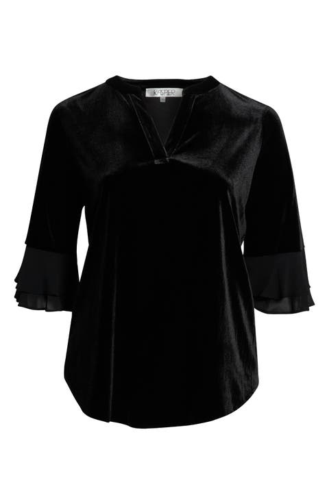 Velvet Split Neck Tunic with Flutter Sleeves