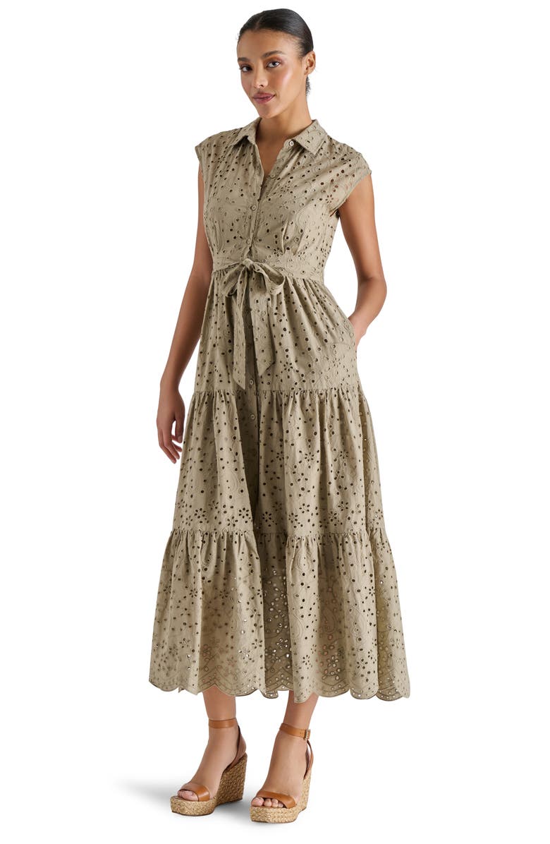 Steve Madden Clover Embroidered Eyelet Sleeveless Tiered Shirtdress, Alternate, color, Silvery Grey