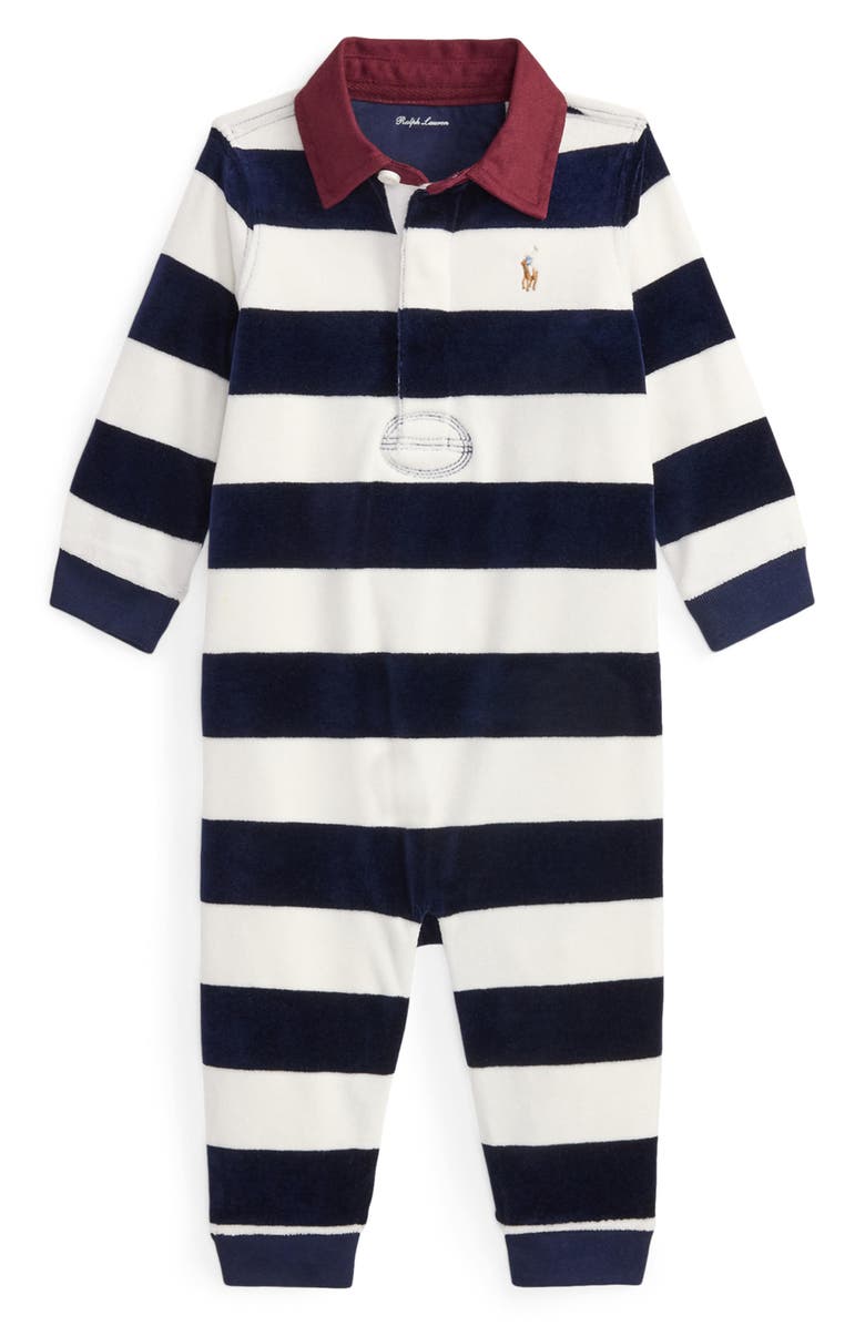 Ralph Lauren Stripe Cotton Blend Velour Romper, Main, color, Refined Navy/ Nevis