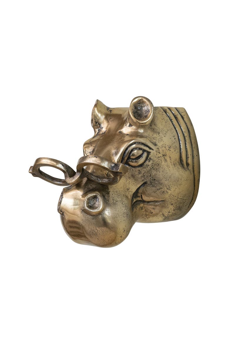 Cast Aluminum Hippo Head with Eyeglasses Wall Décor, Main, color, Brass