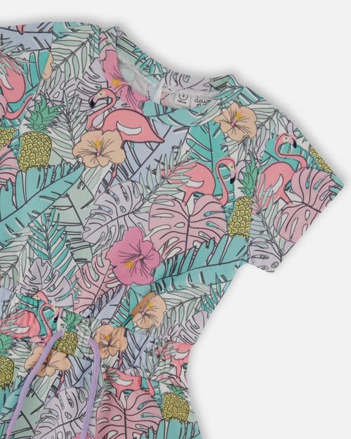 Deux Par Deux Girls' Printed French Terry Flamingos Dress - Big Kid In Lilac And Pink Flamingos