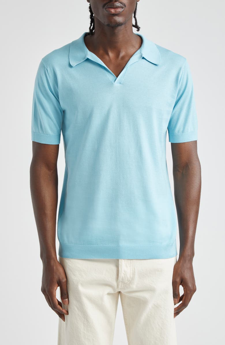 John Smedley Men's Noah Johnny Collar Sweater Polo, Main, color, Blue Spring