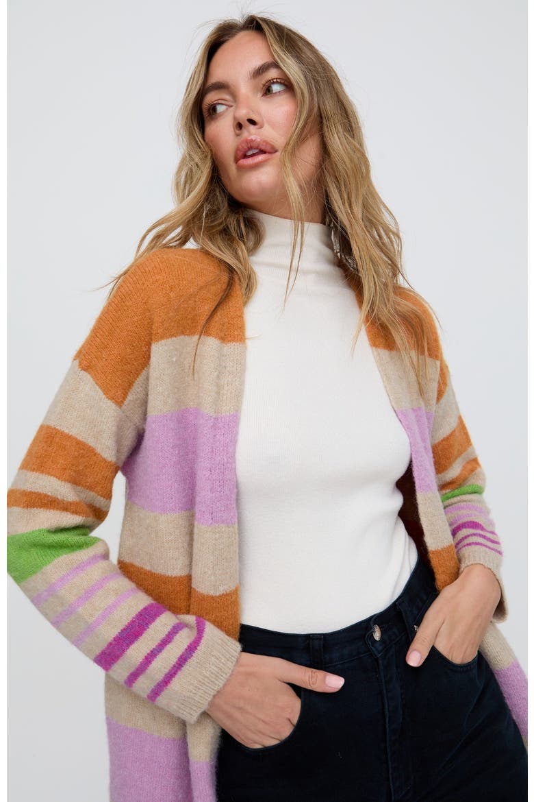 Blondie Long Line Rugby Stripe Cardigan, Alternate, color, Multi