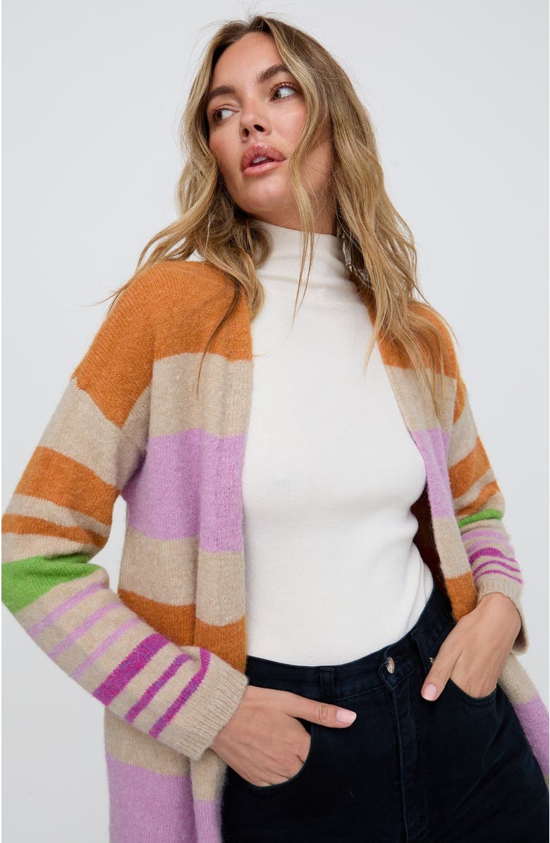 Raffya Blondie Long Line Rugby Stripe Cardigan, Alternate, color, Multi