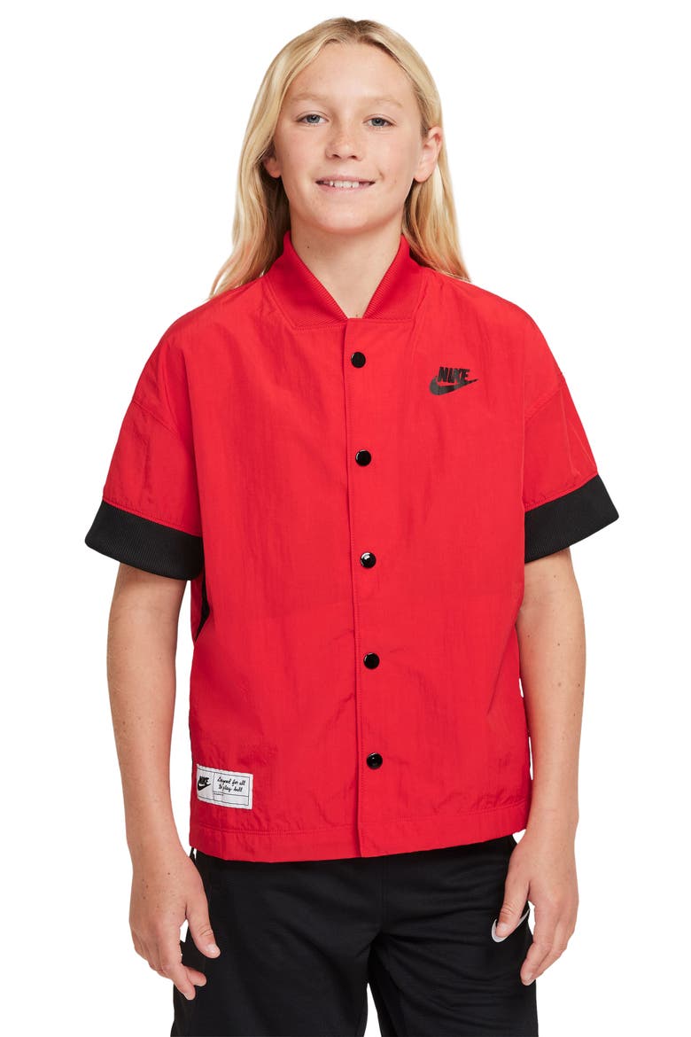 Kids' Culture of Basketball Snap-Up Short Sleeve Warmup Shirt, Main, color, UNIVERSITY RED/ BLACK/ BLACK