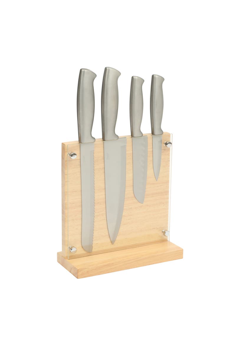 Baldwyn 5-Piece Stainless Steel Knife Block Set with Wood Magnetic Stand, Main, color, Silver