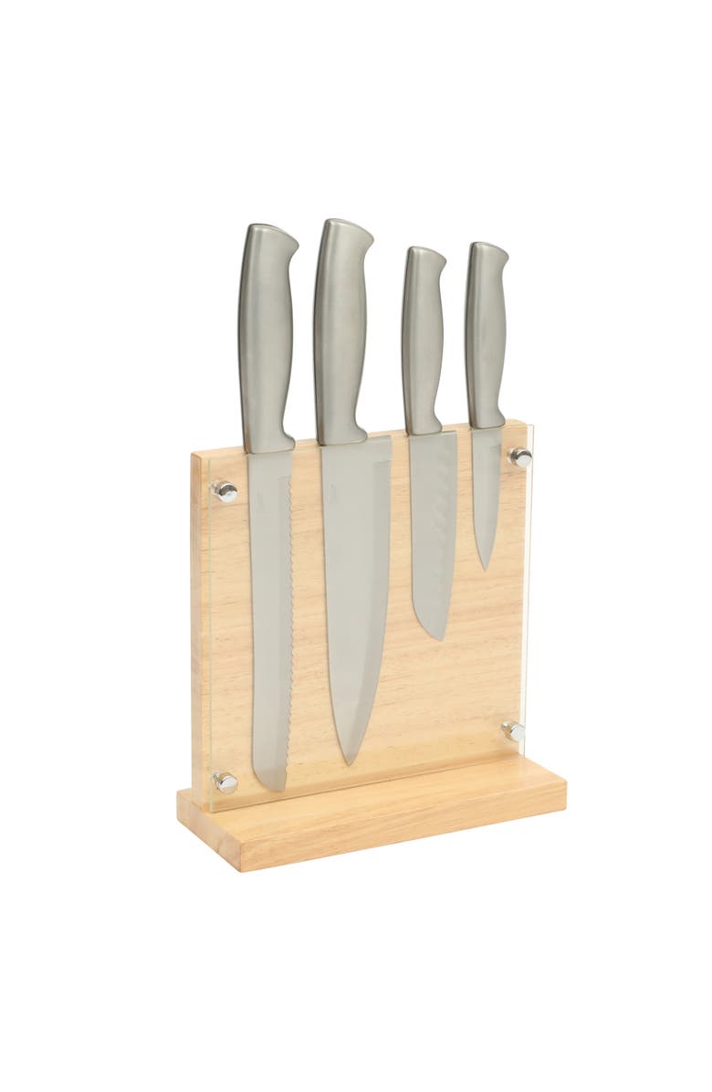 OSTER Baldwyn 5-Piece Stainless Steel Knife Block Set with Wood Magnetic Stand, Main, color, Silver