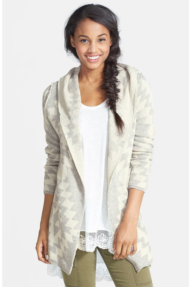 Woven Heart Geo Pattern Hooded Cardigan, Main, color, GREY/ IVORY