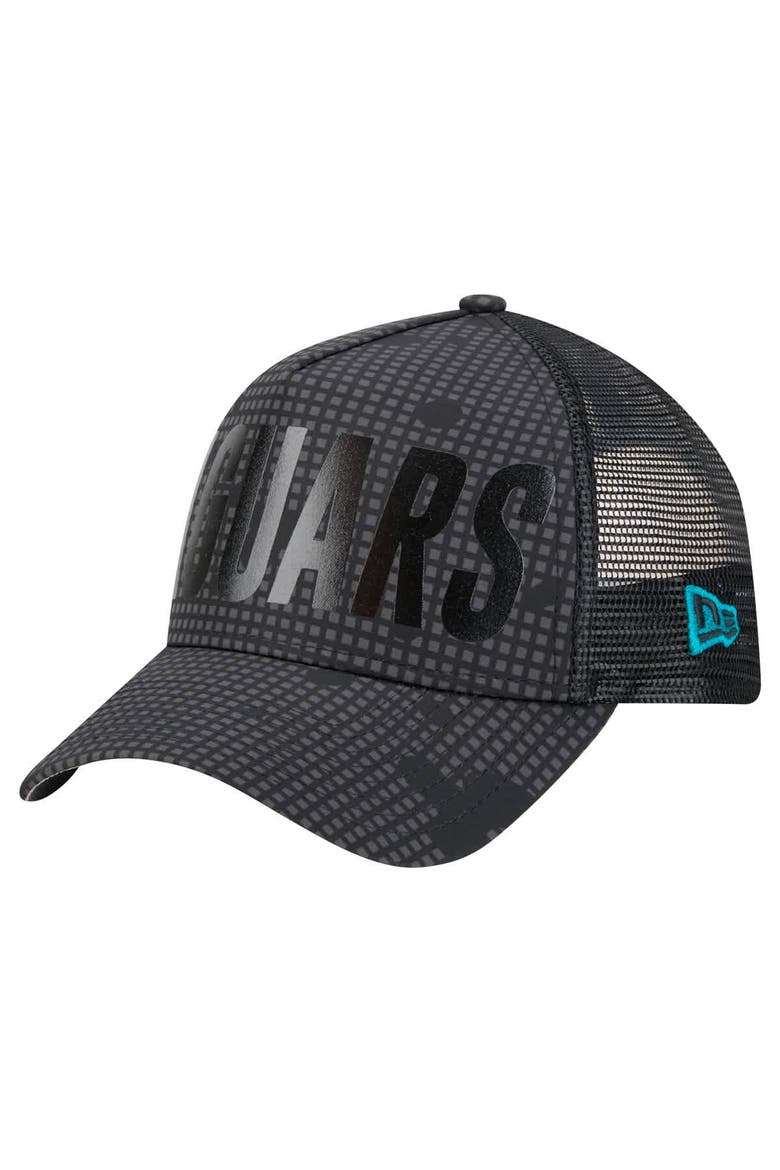 Men's New Era Black Jacksonville Jaguars  Midnight Ink Tonal Text A-Frame Trucker 9FORTY Adjustable Hat, Alternate, color, Black