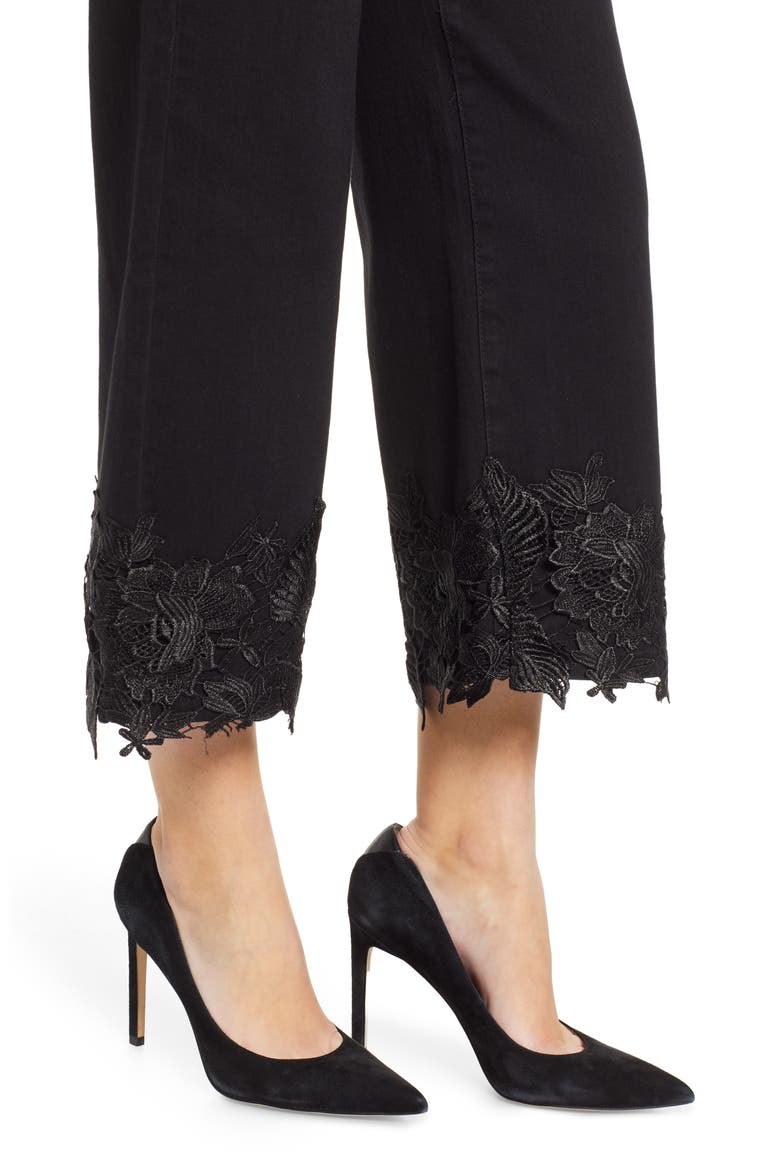 Lace Hem Wide Leg Crop Jeans, Alternate, color, BLACK
