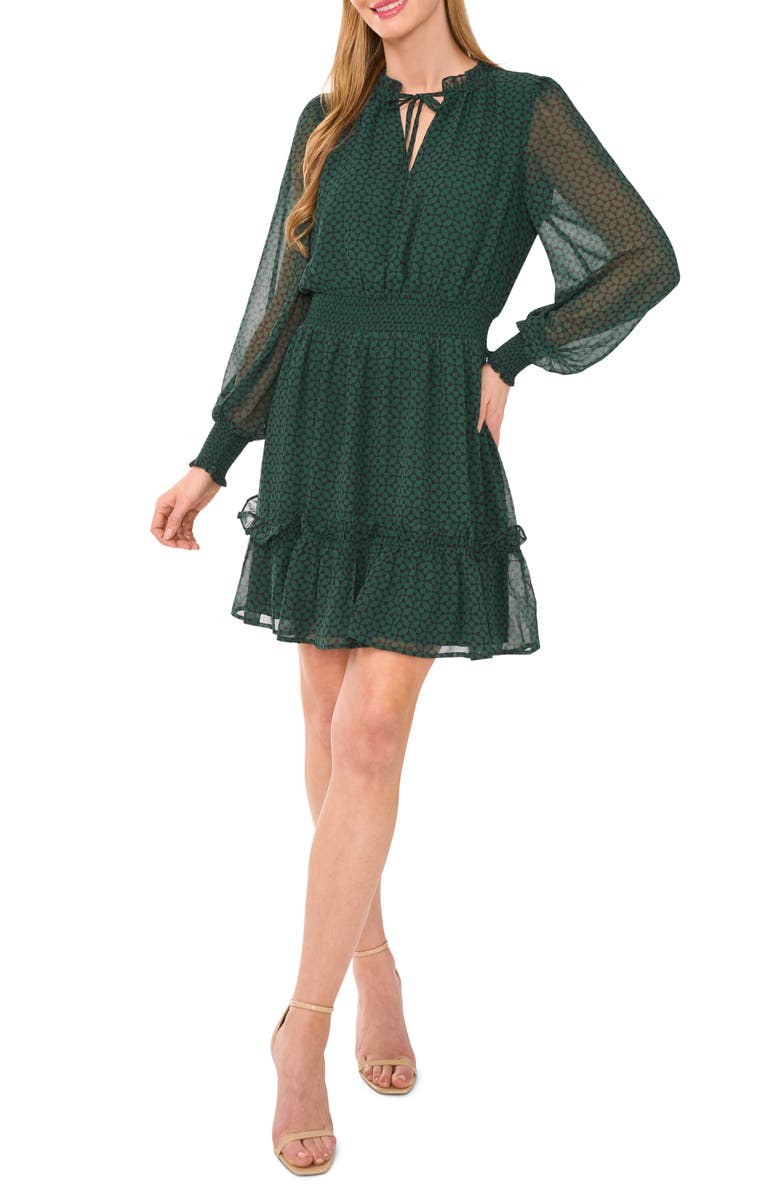 CeCe Geo Print Smocked Waist Long Sleeve Dress, Main, color,