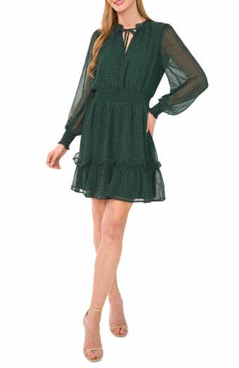 CeCe Geo Print Smocked Waist Long Sleeve Dress