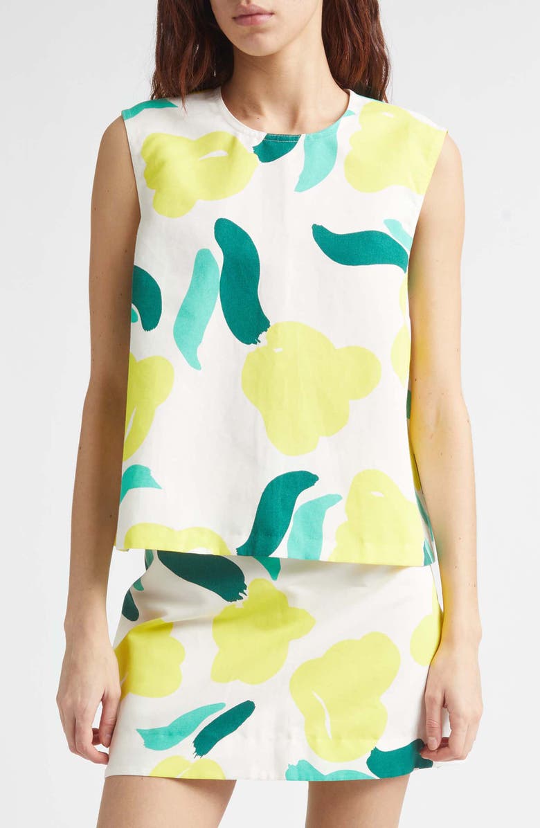 Marimekko Erilasia Lemmitty Floral Cotton & Linen Top, Main, color, Off White Yellow Green