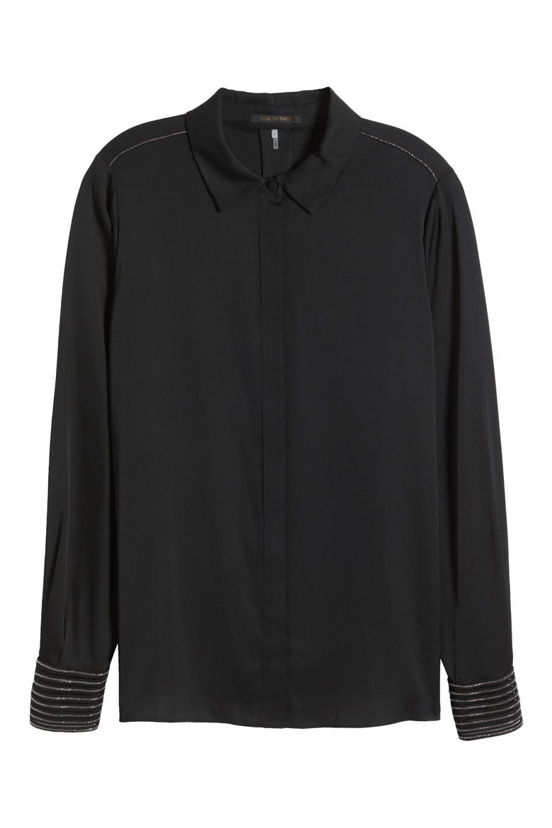 Bead Detail Stretch Silk Georgette Button-Up Shirt, Alternate, color, BLACK
