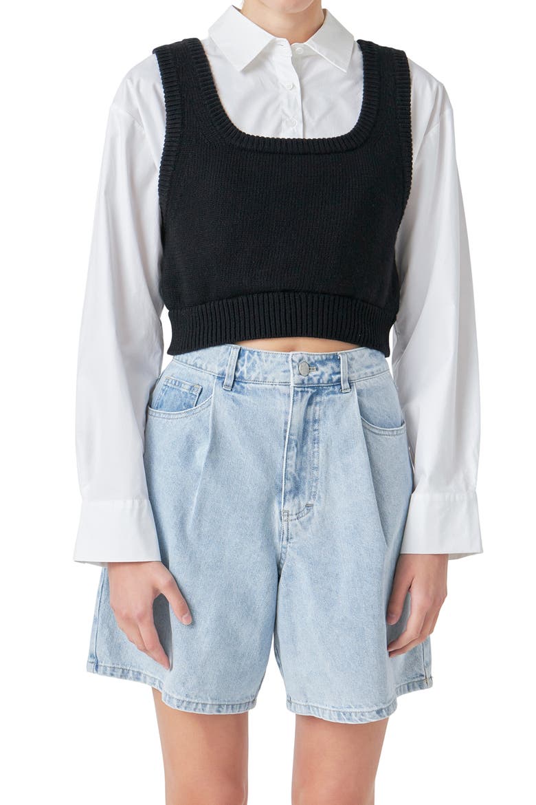 Layered Button-Up Shirt, Alternate, color, BLACK/ WHITE