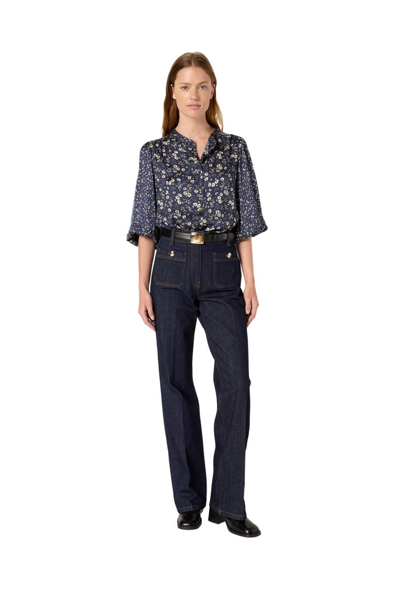 Anaelle Floral Mandarin Collar Shirt, Alternate, color, Navy Blue