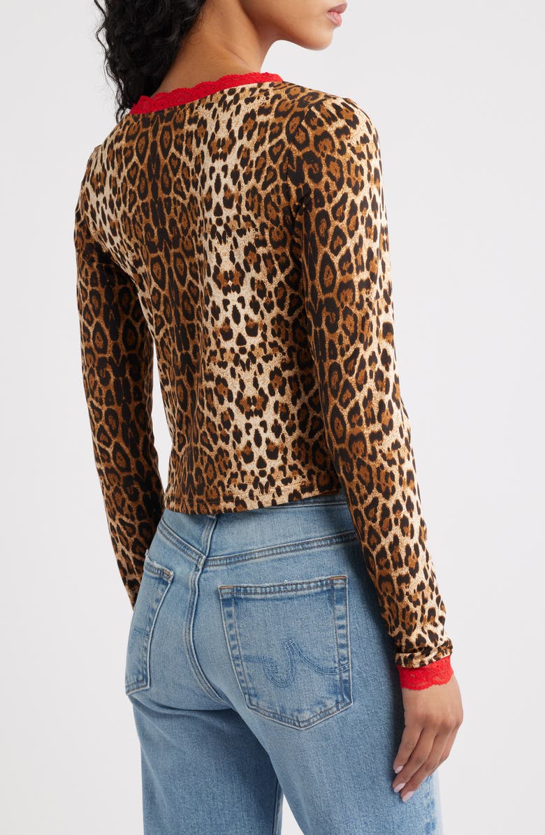 Princess Polly Pour It Up Leopard Lace Trim Button-Up Top, Alternate, color, Leopard