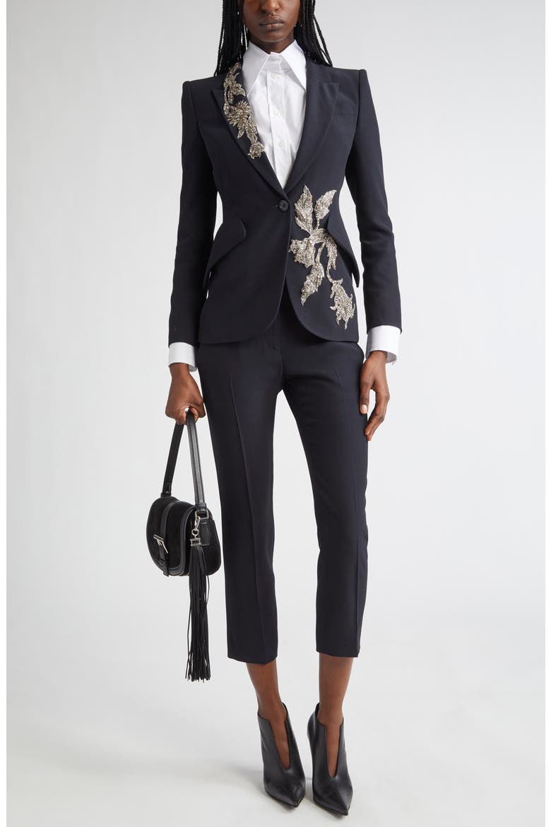 Banshee Embroidery Leaf Crepe Blazer, Alternate, color, BLACK