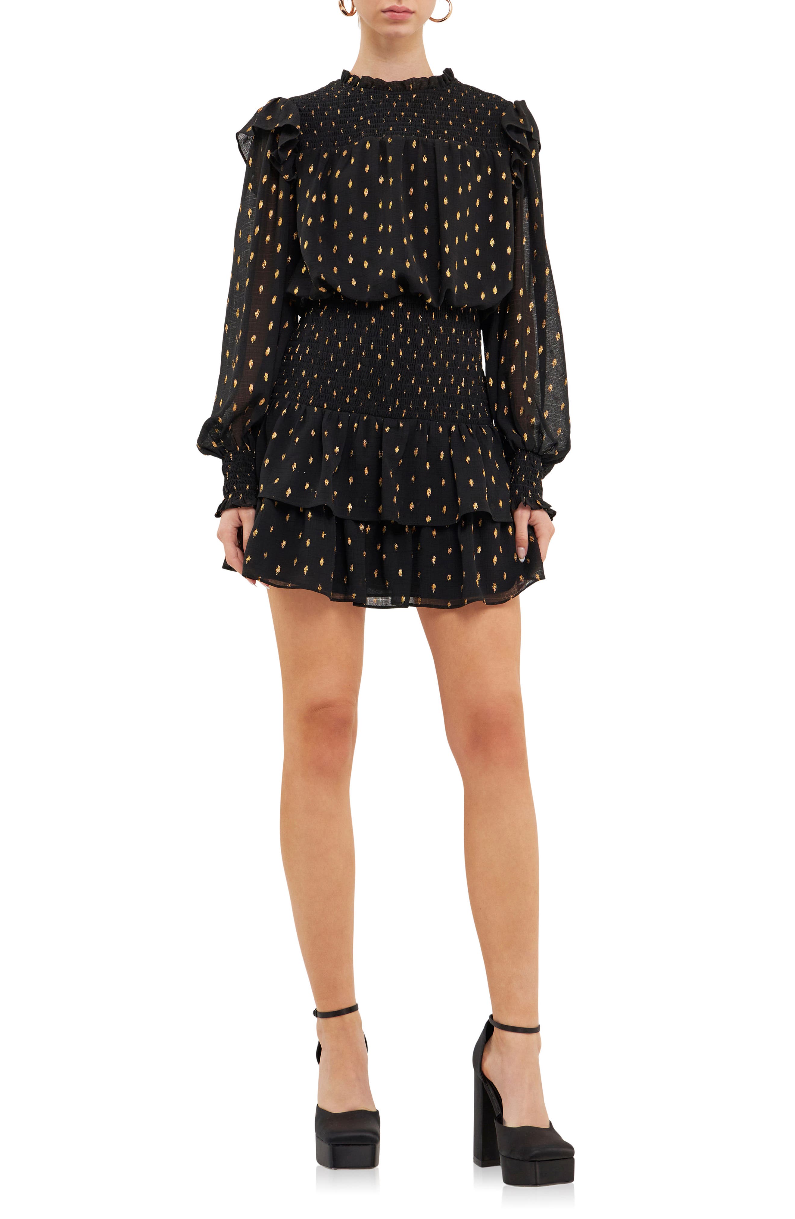 Metallic Dot Shirred Long Sleeve Chiffon Minidress