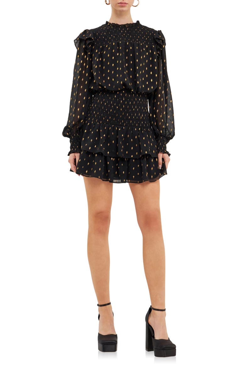Metallic Dot Shirred Long Sleeve Chiffon Minidress, Main, color, BLACK