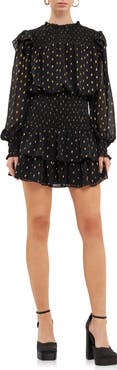 Endless Rose Metallic Dot Shirred Long Sleeve Chiffon Minidress