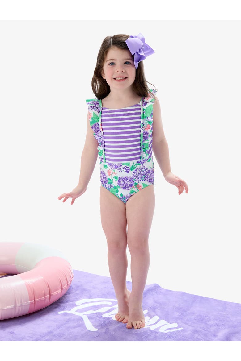 Girls UPF50+ Pinafore One Piece, Alternate, color, Purple Hydrangea Garden