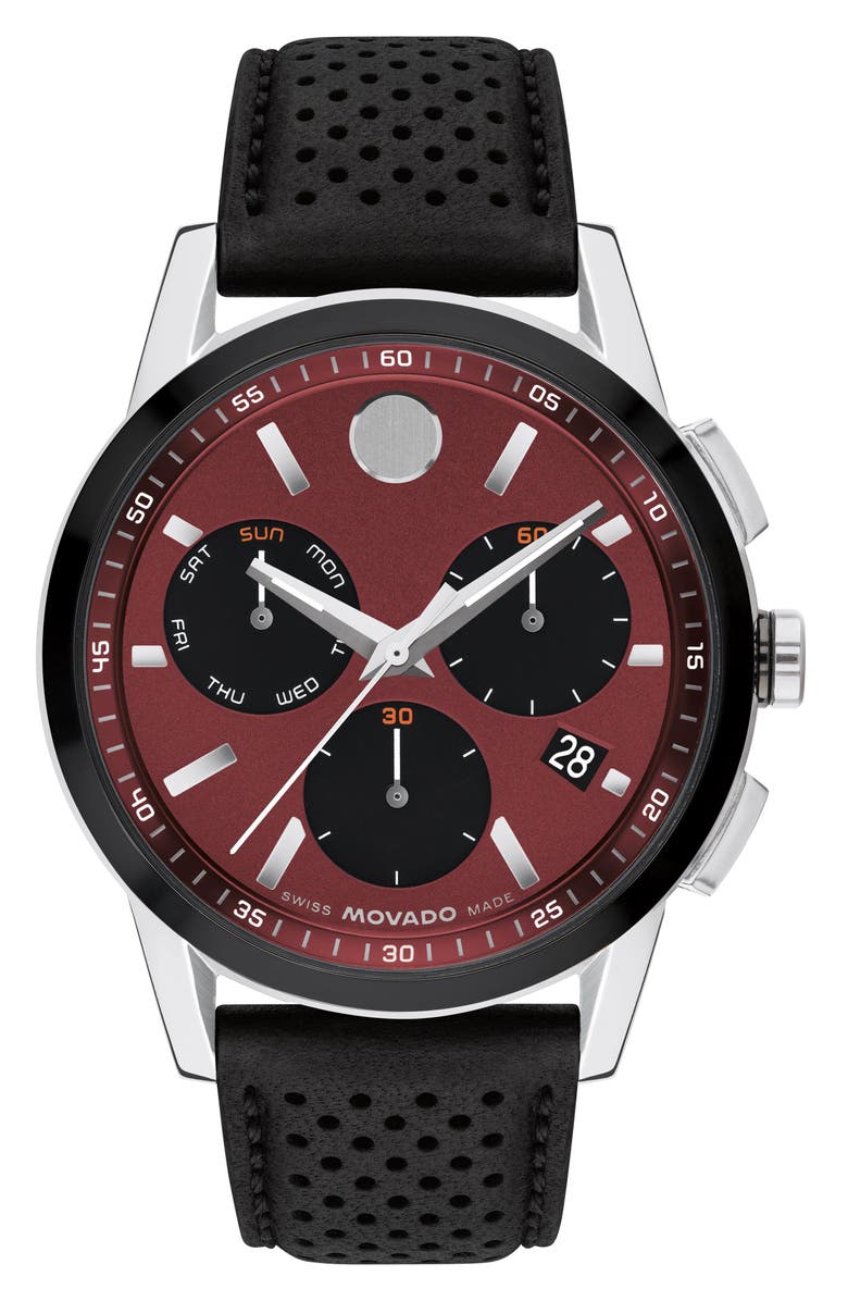 Movado Museum Sport Leather Strap Chronograph Watch, 43mm, Main, color, Red Dial