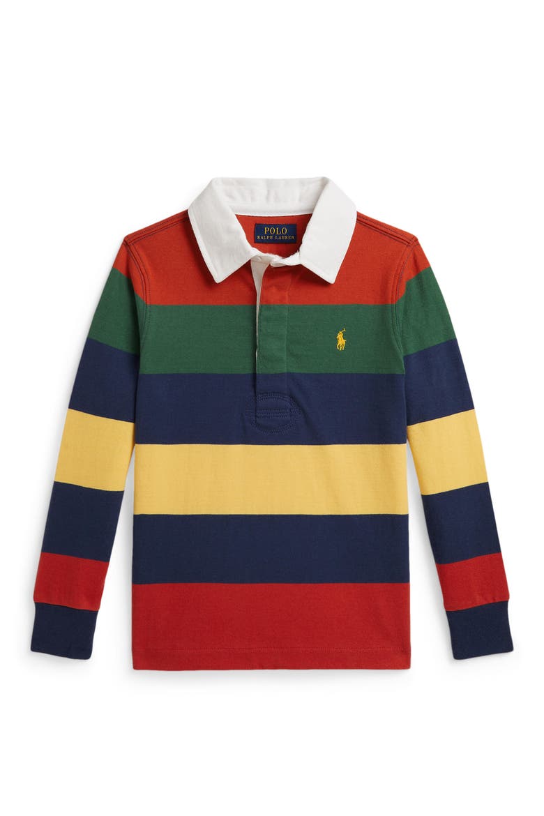Kids' Striped Long Sleeve Rugby Shirt, Main, color, POST RED MULTI
