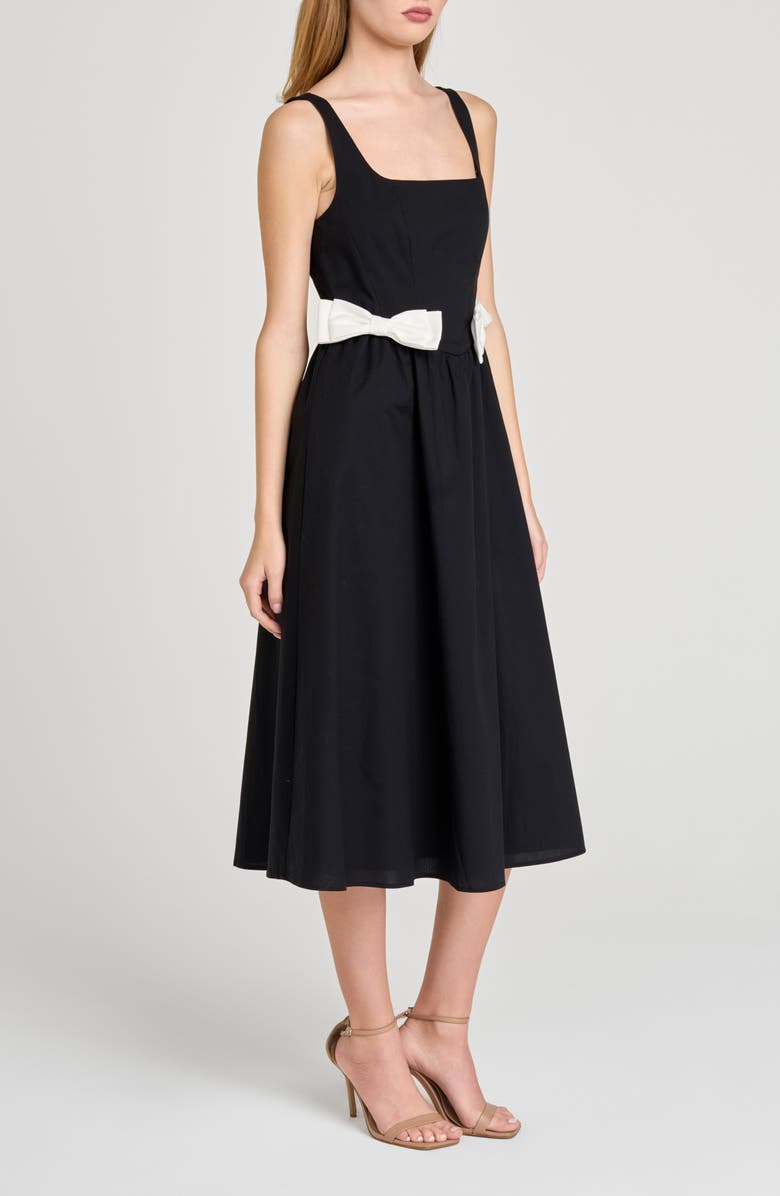 WAYF Lizzy Bow Trim Midi Dress, Alternate, color, Black