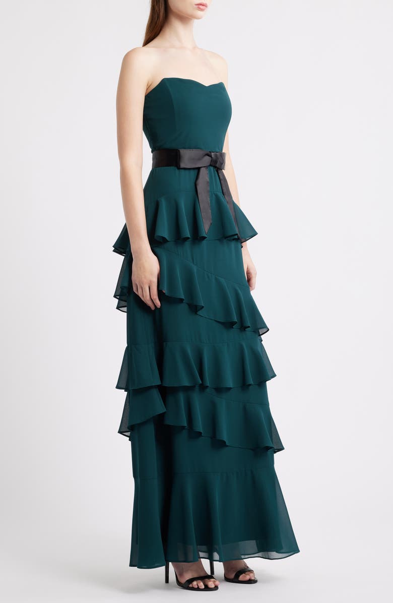 Lulus Amalia Strapless Ruffle Tiered Gown, Alternate, color, Emerald