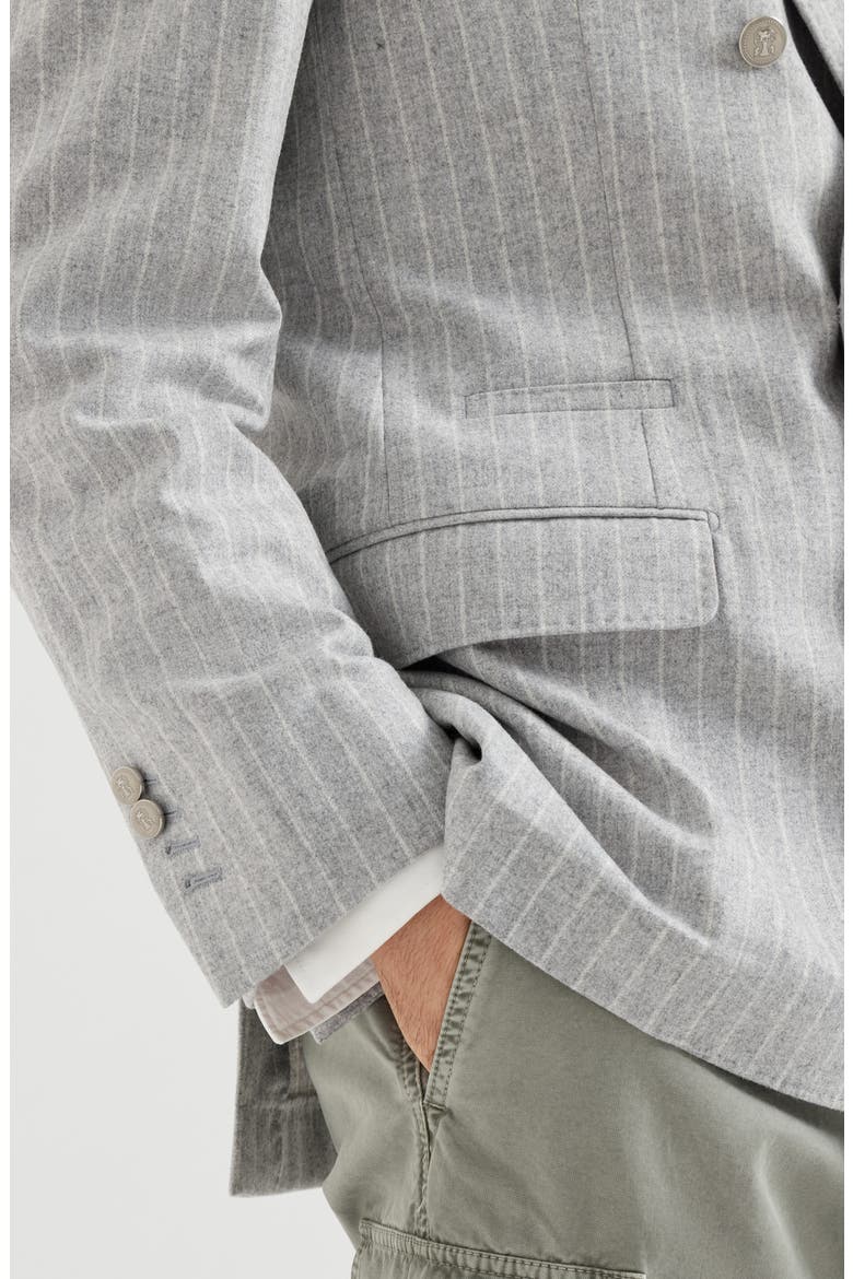 Virgin wool and cashmere chalk stripe flannel one-and-a-half breasted deconstructed blazer with metal buttons, Alternate, color, Light Grey