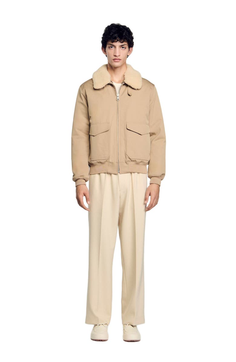 SANDRO Shearling collar aviator jacket, Main, color, Sand
