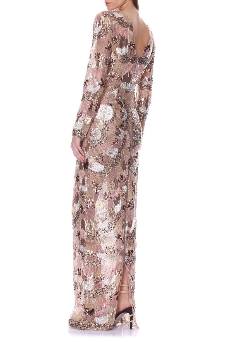 Sequin & Beaded Long Sleeve Gown, Alternate, color, METALLIC