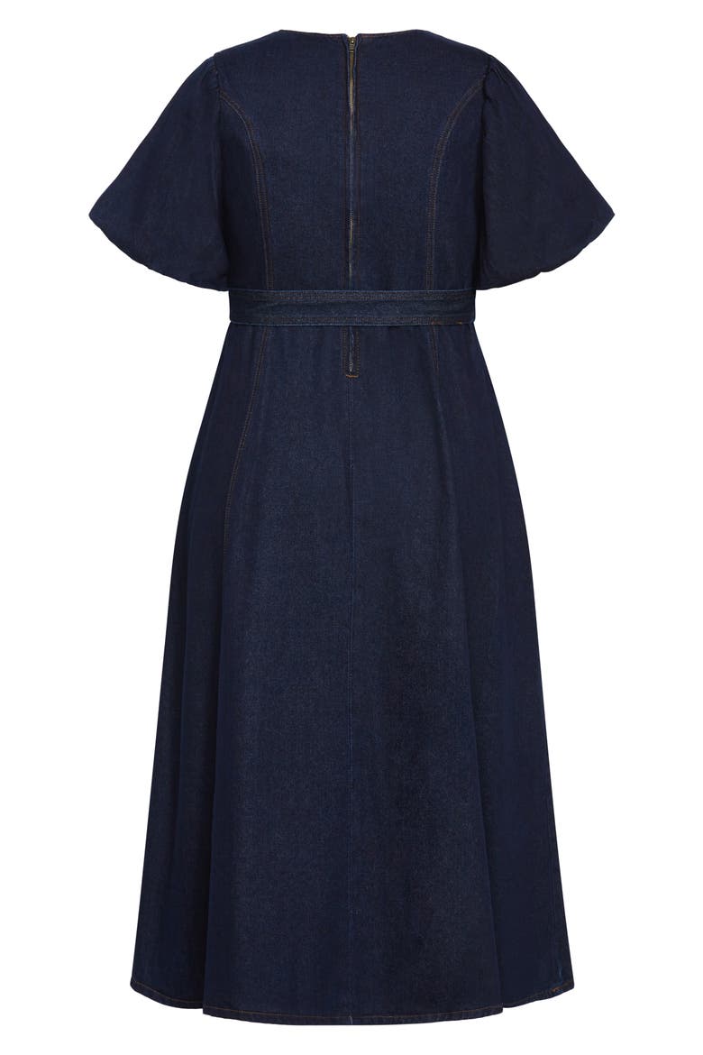 Sable Delilah Puff Sleeve Belted Denim Midi Dress, Alternate, color, DARK DENIM