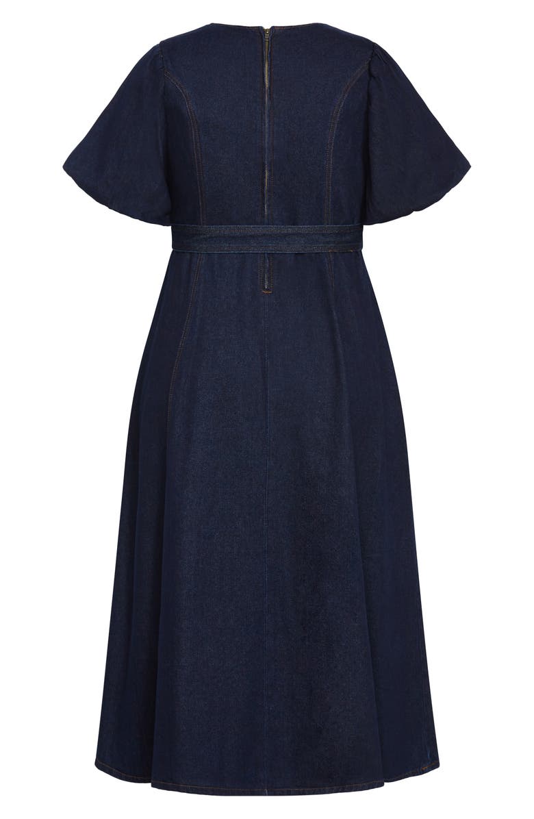 City Chic Sable Delilah Puff Sleeve Belted Denim Midi Dress, Alternate, color, Dark Denim