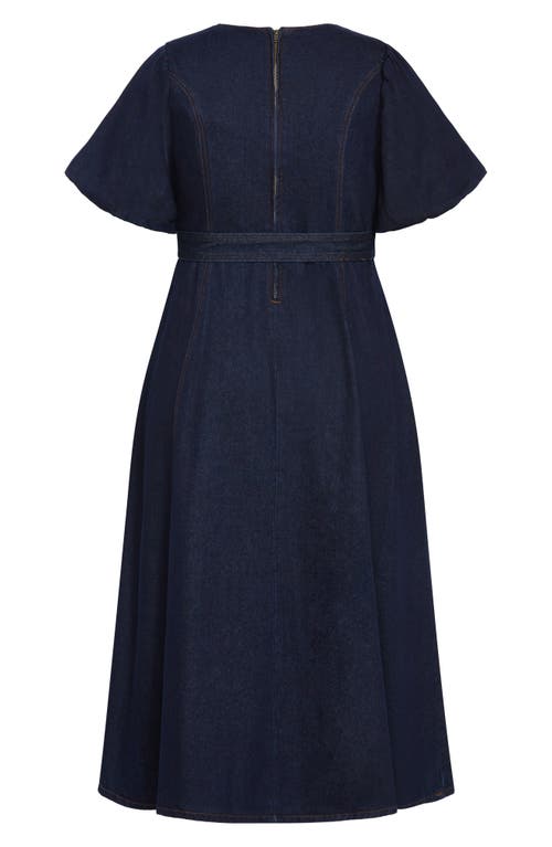 City Chic Sable Delilah Puff Sleeve Belted Denim Midi Dress In Blue